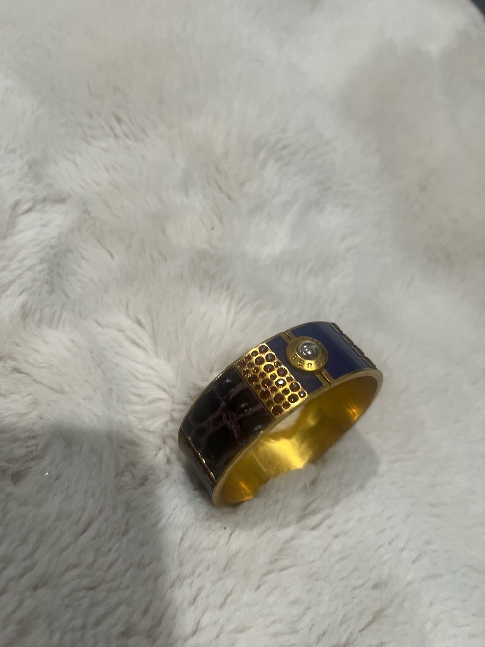 Henri Bendel Gold Tone Blue and Black Enamel Wide Bracelet